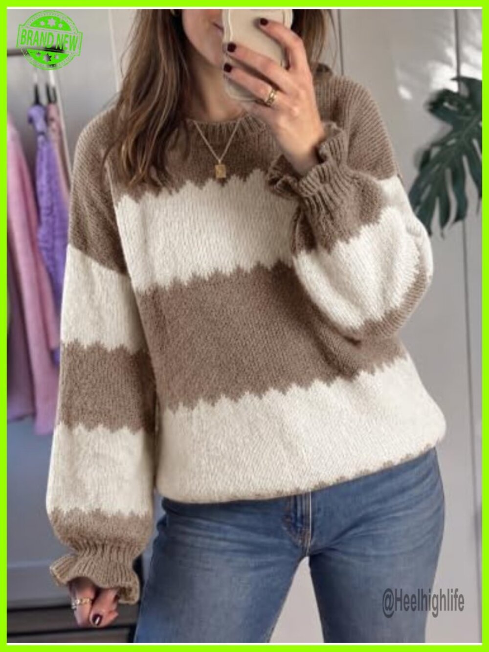 Womens Ribbed Knit Striped Sweater Ruffle Sleeve Pullover - Picture 4 of 6